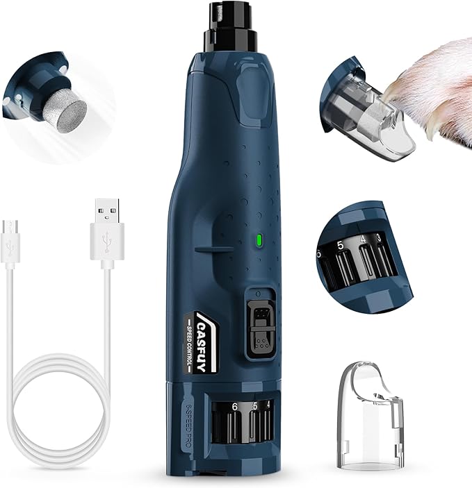 Casfuy Dog Nail Grinder Quiet - (45db) 6-Speed Pet Nail Grinder with 2 LED Lights for Large Medium Small Puppy Dogs/Cats, Professional 3 Ports Rechargeable Electric Dog Nail Trimmer with Dust Cap-PawvioPets