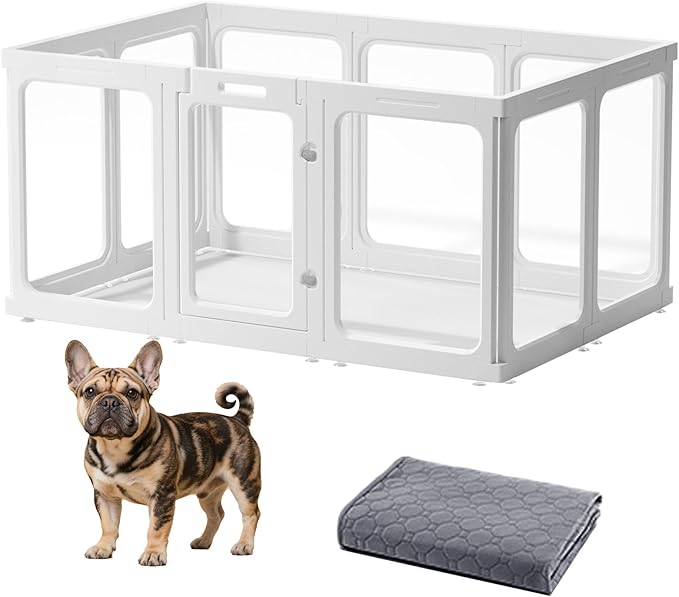 Acrylic Dog Playpen-Clear Dog Play Pen Indoor for Puppy-24”H 10Panels Transparent Pet Fence for Small Animals Rabbit Cat Ferret Whelping Crate Enclosure Cage Kennel with Easy Assembly-PawvioPets