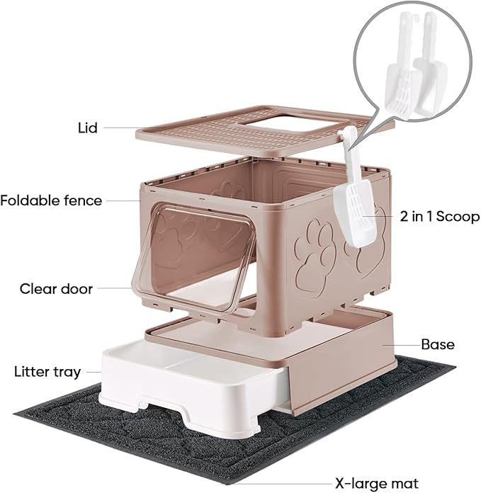 Cat Litter Box with X-Large Litter Mat and Scoop, Large Foldable Litter Box with Lid, Enclosed Kitty Box,Front Top Entry Exit, Odor Control Easy to Clean (Upgrade Coffee)-PawvioPets