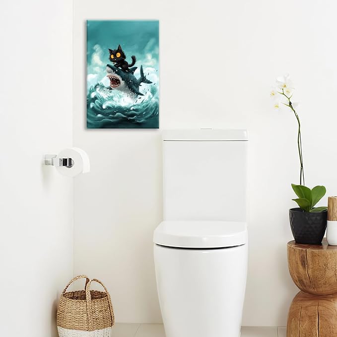 Funny Black Cat Bathroom Wall Art Cute Cat Riding Shark Canvas Wall Decor Animal Kitten Pictures Painting Print Artwork Framed Decorations Gifts for Cat Lover Kids Room Bedroom 16"x24"-PawvioPets