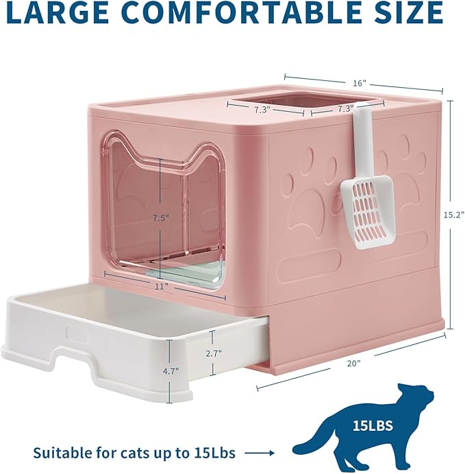 Cat Litter Box with Litter Mat and Scoop, Large Foldable Litter Box with Lid, Front Entry Top Exit Kitty Box, Odor Control, Easy to Clean (Pink)-PawvioPets