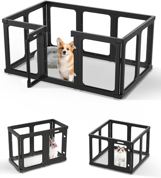 Dog Playpen, Clear Acrylic Plastic Puppy Playpen Indoor, Pet Pen for Puppy Cat Bunny, Transparent Easy Assemble Foldable Whelping Box for Dogs, Puppy Playpen with Gate (23.6" Height, 10PCS)-PawvioPets