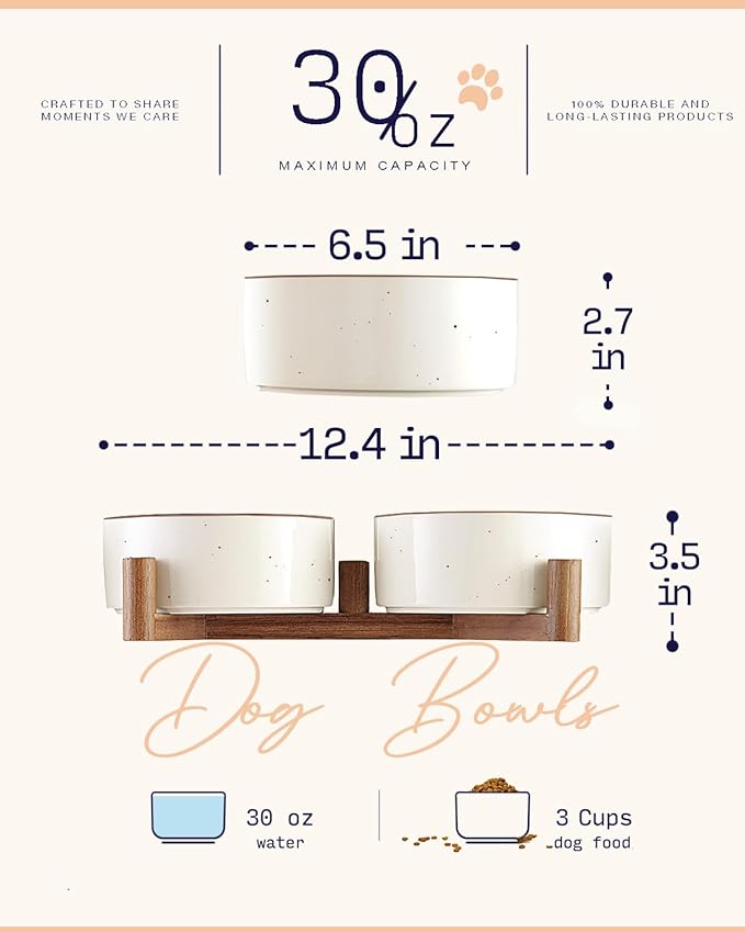 Getstar Ceramic Dog Bowls with Acacia Wood Stand, 30 fl oz, Set of 2, Dog Food Bowl with Colored Rim-PawvioPets