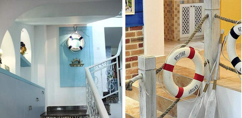 MorroMorn Lifebuoy Wall Hanging Decor - Welcome Aboard Mediterranean Style Home Decoration Hemp Rope (Red, 14")