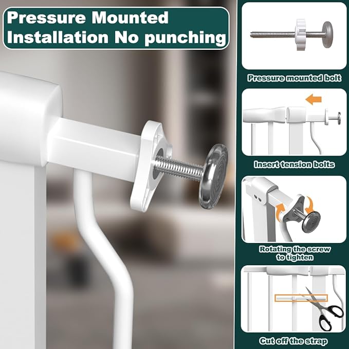 57.5"-62" Extra Wide Auto Closing Baby Safety Gate for Stairs & Doorways, Pressure Mounted No Drill Pet Gate with Walk-Through Door - Heavy Duty Childproof Gate for Toddlers, Kids, Dogs (White)-PawvioPets
