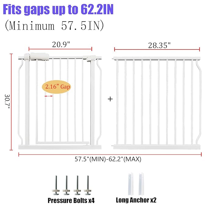 Extra Wide Baby Gates 57.5-62 Inch, Large Metal Safety Gate for Stairs, Doorways - No Drilling, Pressure Mounted Pet Gates for Kids & Dogs-PawvioPets