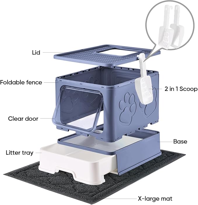 Cat Litter Box with X-Large Litter Mat and Scoop, Large Foldable Litter Box with Lid, Enclosed Kitty Box,Front Top Entry Exit, Odor Control Easy to Clean (Upgrade Midnight)-PawvioPets