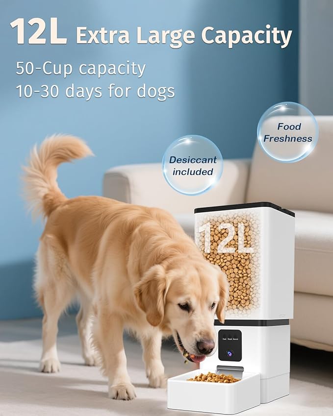 Automatic Dog Feeder Large Breed with Camera - 12L/50 Cups 5G WiFi App Control Dog Food Dispenser, Easy Setup, HD 1080P Video with Night Vision by Yakry-PawvioPets