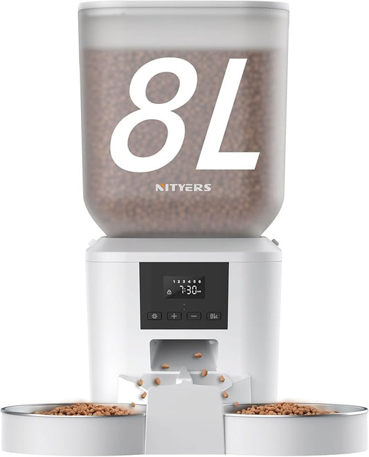 Automatic Cat Feeder for 2 Cats - 8L/34 Cups Large Capacity Auto Food Dispenser with LCD Screen, 2 Food Trays, Timed Cat Feeder, Up to 50 Portions 6 Meals Per Day, Keep Fresh, White-PawvioPets