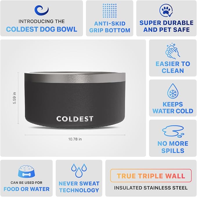 Coldest Dog Bowl - Anti Rust Metal, Non Slip, 3 Layers Insulated Stainless Steel Dog Bowls - Spill Proof & Heavy Duty - Water Bowl for Dogs, Cats & Pets, Dish Washer Safe (200 oz, Stealth Black)-PawvioPets