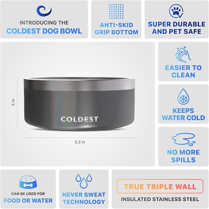Coldest Dog Bowl - Anti Rust Metal, Non Slip, 3 Layers Insulated Stainless Steel Dog Bowls - Spill Proof & Heavy Duty - Water Bowl for Dogs, Cats & Pets, Dish Washer Safe (100 oz,Stardust Glitter)-PawvioPets
