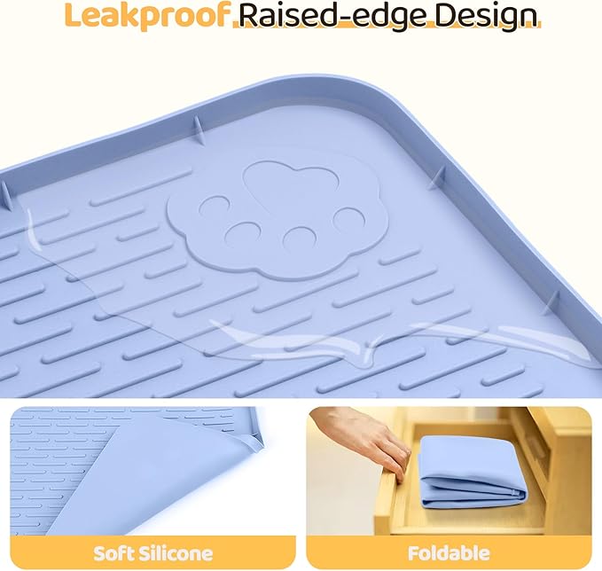 Dog Food Mat, Extra Large 40" x 28" Silicone Pet Feeding Mat with Raised Edge Pet Placemat for Small, Medium, and Large Pets Non-Slip, Easy to Clean (Blue)-PawvioPets