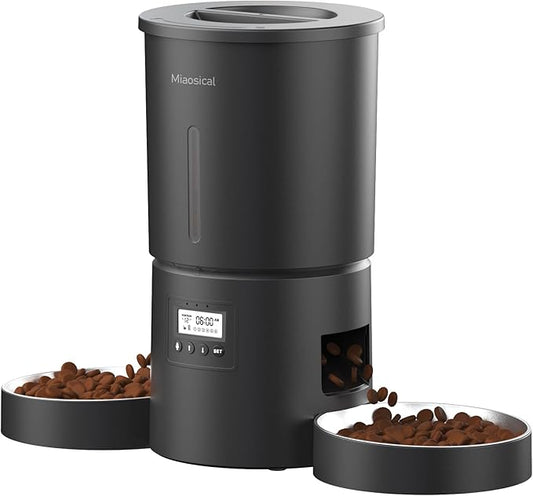 Dual Automatic Cat Feeder 2 Cats,6 Meals/Day,12 Portions/Meal,4.2L Dual Power Double Bowls Feeder,Dry Food Auto Pet Dispenser,10S Voice Record,Flexible Schedule Timer (Black,Stainless Dual Bowls)-PawvioPets