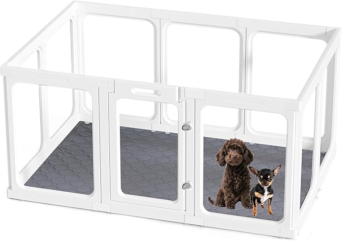 Acrylic Dog Playpen with Door, 24" 10PCS Clear Pet Play Pen Indoor for Small Animals, Transparent Puppy Fence Kennel Rabbit Ferret, Doggie Cages Yard Easy Assemble-PawvioPets