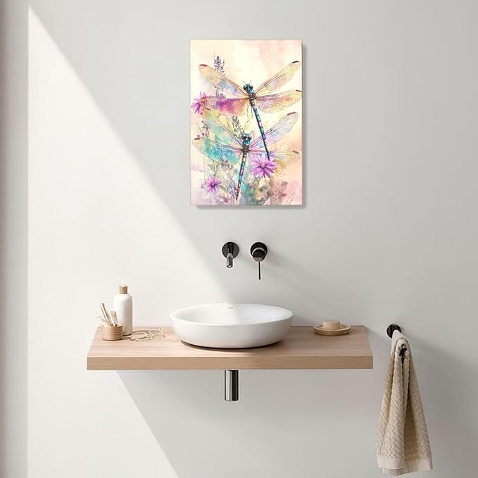 Dragonfly Bathroom Pictures Wall Art, Floral Bathroom Wall Decor, Framed Painting Canvas Artwork for Bedroom Living Room Decorations 24"L x 16"W-PawvioPets