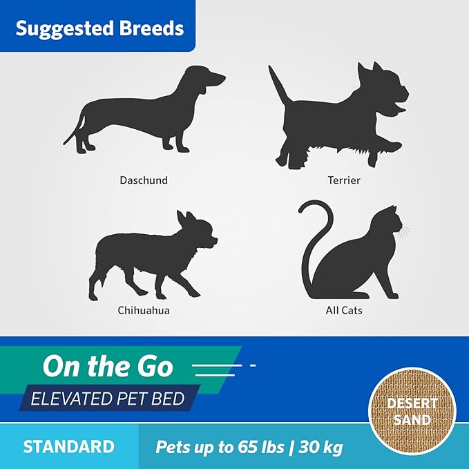 Coolaroo On-The-Go Elevated Dog Bed - Foldable Pop-Up Travel Dog Bed with Breathable, Moisture-Resistant Fabric, Carry Bag Included, Lightweight & Portable, Desert Sand, Standard-PawvioPets