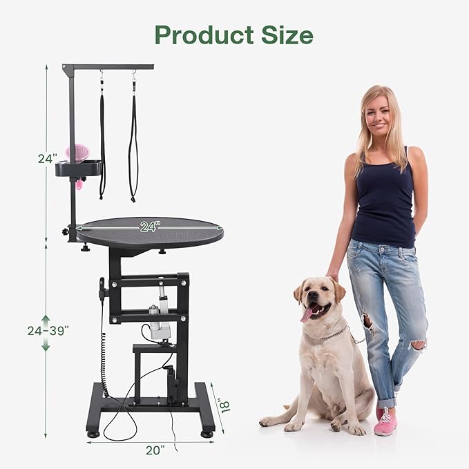 Electric Hydraulic Lift Pet Dog Grooming Table, 24Inch 360° Rotating Grooming Desktop for Small Dogs, with Overhead Arm, Wireless Remote, Tool Organizer, Black-PawvioPets
