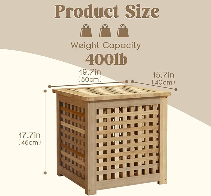 Bench with Storage, Acacia Laundry Hamper with Seat, Storage Benches with Seating for Entryway, Living Room, Bedroom, Bathroom (15.7x19.7x17.7in)-PawvioPets