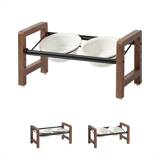 5.5inch Ceramic Adjustable Raised Double Bowls Set with Stand, 3 Heights Elevated, 2 Placement Options,Food and Water Dishes for Puppy, Cats（Double Bowls+Stand, Reactived Glaze -White-PawvioPets