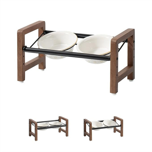 5.5inch Ceramic Adjustable Raised Double Bowls Set with Stand, 3 Heights Elevated, 2 Placement Options,Food and Water Dishes for Puppy, Cats（Double Bowls+Stand, Reactived Glaze -White-PawvioPets