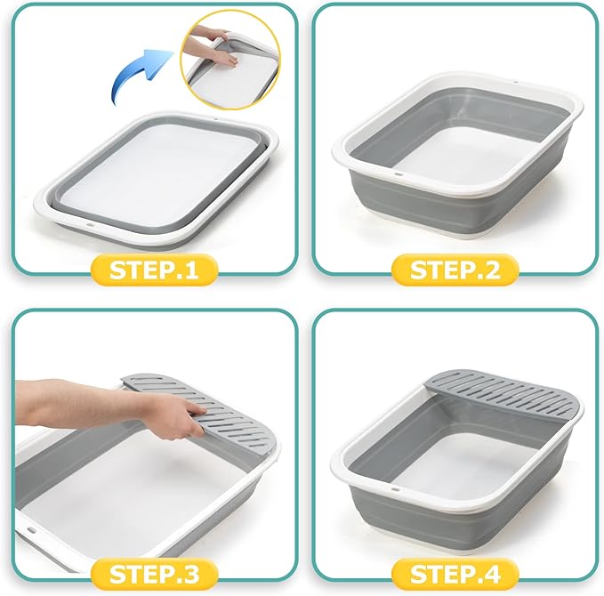 Foldable Cat Litter Box, Large Height-Adjustable Anti-Splash Open Air Kitty Litter Pan, Easy Clean with Scoop (Gray)-PawvioPets