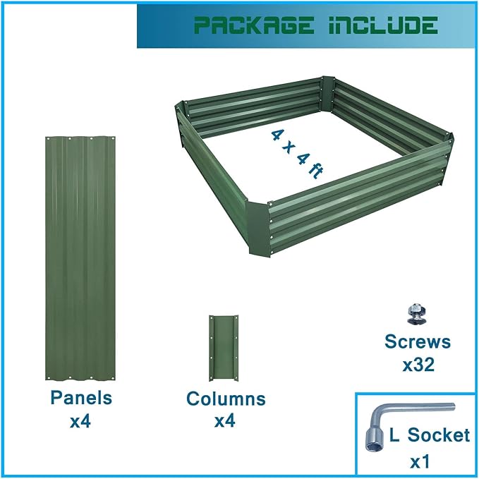 4x4x1ft Metal Raised Garden Bed Kit，Galvanized Garden Bed Box for Vegetables, Flowers, Herbs, and Succulents,120 Gallon Capacity - Green-PawvioPets