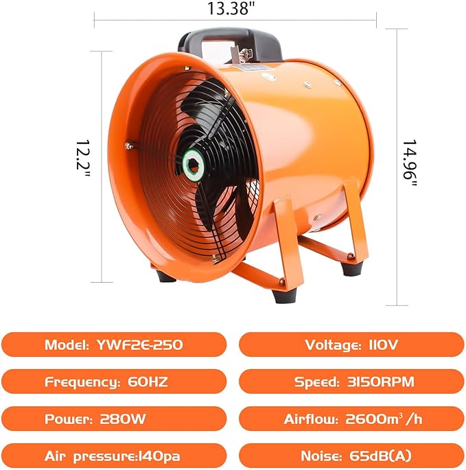 10-Inch High-Velocity Portable Utility Blower Fan, Industrial Exhaust Fan with 16.4ft Flexible Duct Hose, 3150 RPM Low-Noise Ventilator for Basements, Workshops, Warehouses, and Confined Spaces-PawvioPets