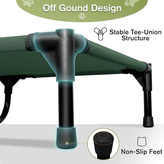 Elevated Dog Bed 42 Inch - Breathable Raised Pet Bed for Large Dogs, Waterproof Dog Cot Bed Easy to Assemble, Durable Portable Pet Cot with Non-Slip Feet, Green-PawvioPets