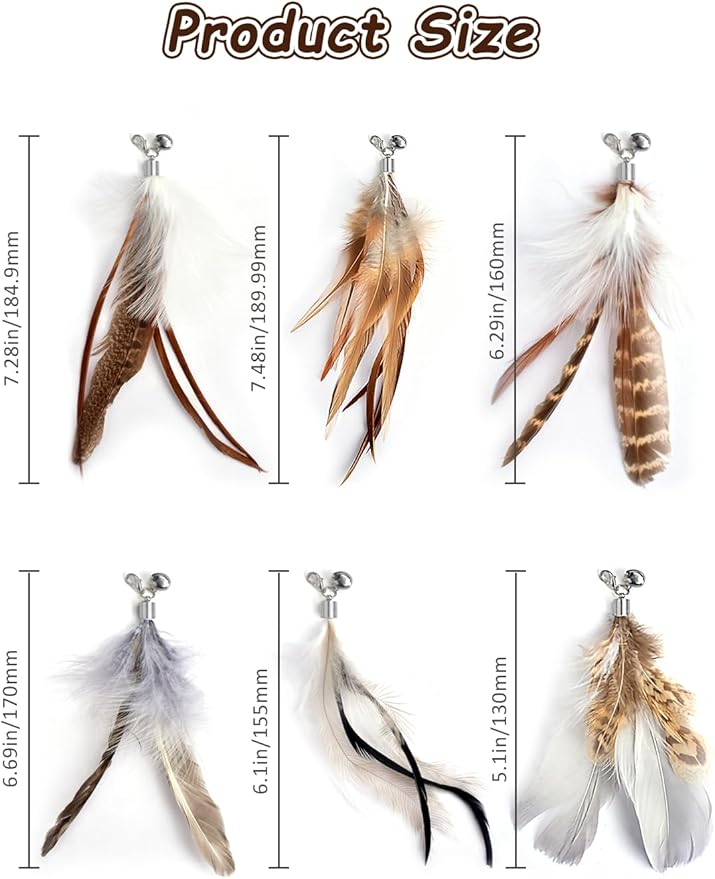 Cat Feather Toys Refills Cat Wand Replacement Feathers 6 PCS Handmade Cat Toy Feather Refills for Cat Wand Attachments Interactive Feather Cat Toy for Indoor Cats-PawvioPets