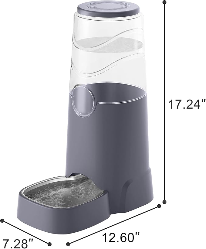 8L Automatic Pet Waterer,Gravity Stainless Steel Water Feeder,Gravity Pet Water Dispenser,Large Capacity Waterer with Stainless Steel Bowl for Medium and Large-Sized Cats and Dogs(8L,Grey)-PawvioPets