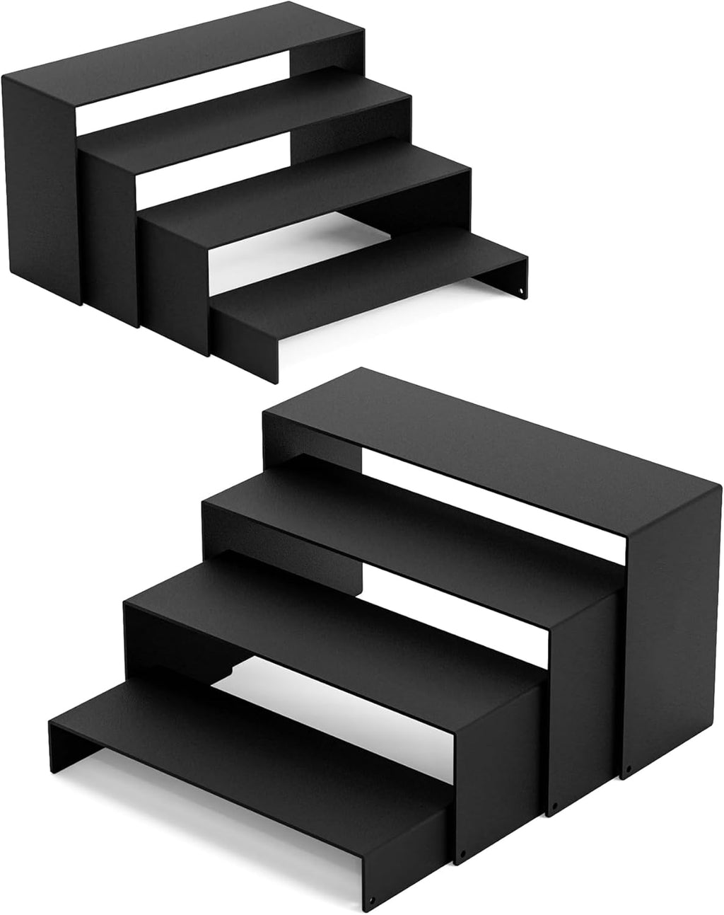 Black Matte Metal Display Stand,8 Pcs 2 Set Display Risers, Metal Rectangular Display Shelf for Showcase, Dessert, Toys, Perfume (8Pcs-Black, L7“x8”x9)