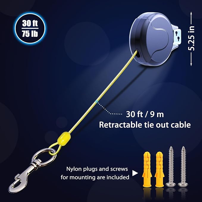 30ft Wall Mount Retractable Dog Tie Out Cable for Small to Large Dogs Between 20-75 lbs, Patented Retractable Dog Lead Great for Yard/Garden - Durable for 70,000 Cycles (Black, 30ft)-PawvioPets