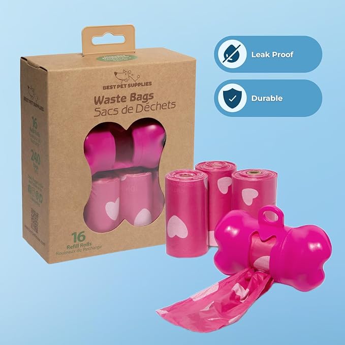 Best Pet Supplies Dog Poop Bags (240 Bags) for Waste Refuse Cleanup, Doggy Roll Replacements for Outdoor Puppy Walking and Travel, Leak Proof and Tear Resistant, Thick Plastic - Pink Heart-PawvioPets