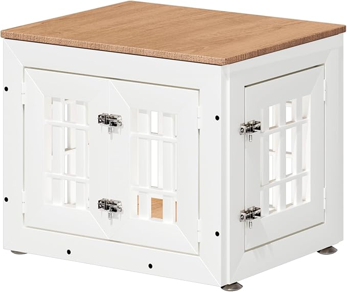 26" Heavy Duty Dog Crate Furniture for Small,Medium and Large Dogs,Rustic Wooden Dog Cage Kennel Indoor Furniture with Waterproof Top,Decorative Pet House Side End Table (White & Wood)-PawvioPets
