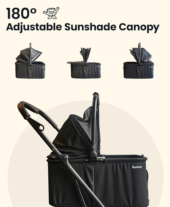 4 Wheels Pet Stroller, Dog Stroller for Small/Medium Dogs and Cats up to 33 lbs, One-Click Fold & Draggable, Removable Carrier, Zipperless Entry, Mesh Windows, Black-PawvioPets