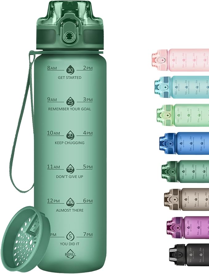 32oz Motivational Water Bottles with Time Marker & Fruit Strainer, Transparent Gradient Color Water Bottle with Times to Drink, Leakproof & BPA Free, Reusable Bottle with Strap (No Straw)-PawvioPets