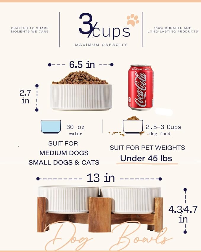 Getstar Ceramic Dog Bowls with Acacia Wood Stand, 30 fl oz, Set of 2, Dog Food Bowl, Cat Bowls (6.5 inches) (Vintage White)-PawvioPets