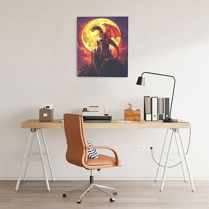 Dragon Bathroom Pictures Wall Art, Red Dragon Castle Bathroom Wall Decor, Framed Painting Canvas Artwork for Bedroom Living Room Decorations 24"L x 20"W-PawvioPets