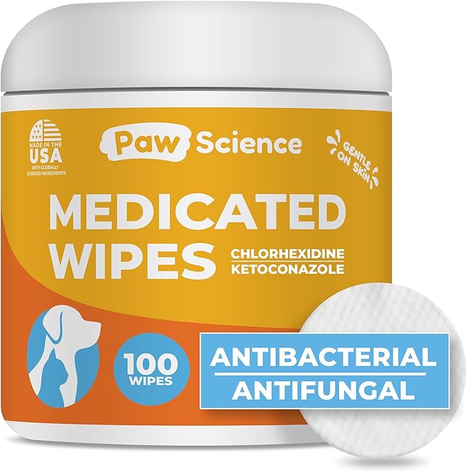Antibacterial & Antifungal Medicated Wipes for Dogs and Cats – 100 Count - Chlorhexidine Wipes with Ketoconazole for The Treatment of Rashes, Skin Infections, Itchy Paws, and Pet Acne-PawvioPets
