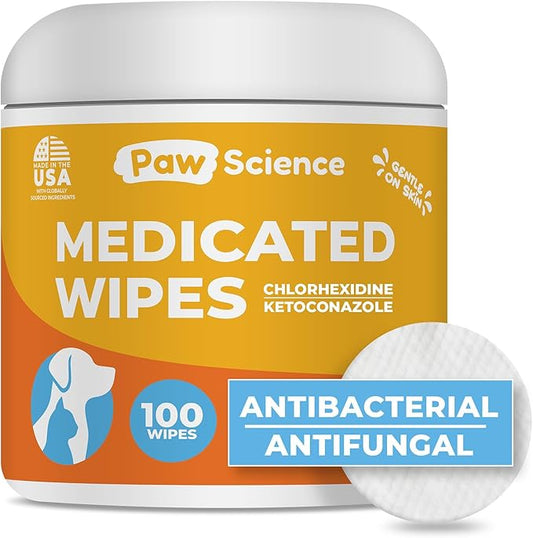 Antibacterial & Antifungal Medicated Wipes for Dogs and Cats – 100 Count - Chlorhexidine Wipes with Ketoconazole for The Treatment of Rashes, Skin Infections, Itchy Paws, and Pet Acne-PawvioPets