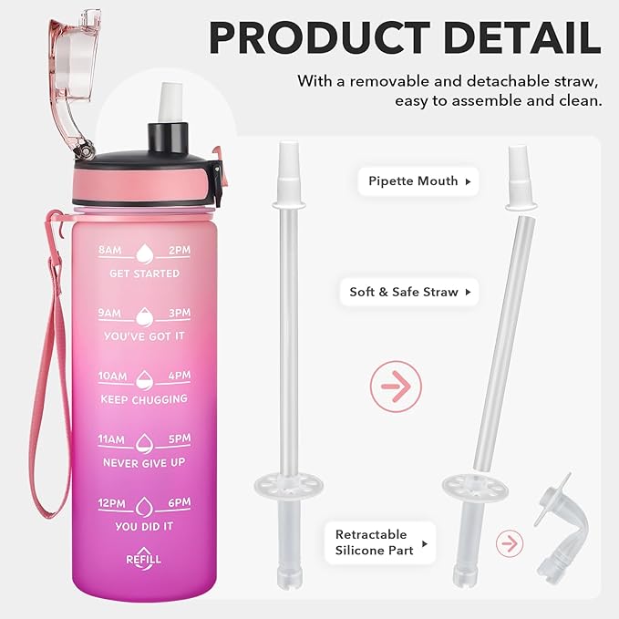 Enerbone Water Bottle, Leakproof BPA & Toxic Free, Motivational Water Bottle with Times to Drink and Straw, Fitness Sports Water Bottle with Strap for Office, Gym, Outdoor Sports-PawvioPets