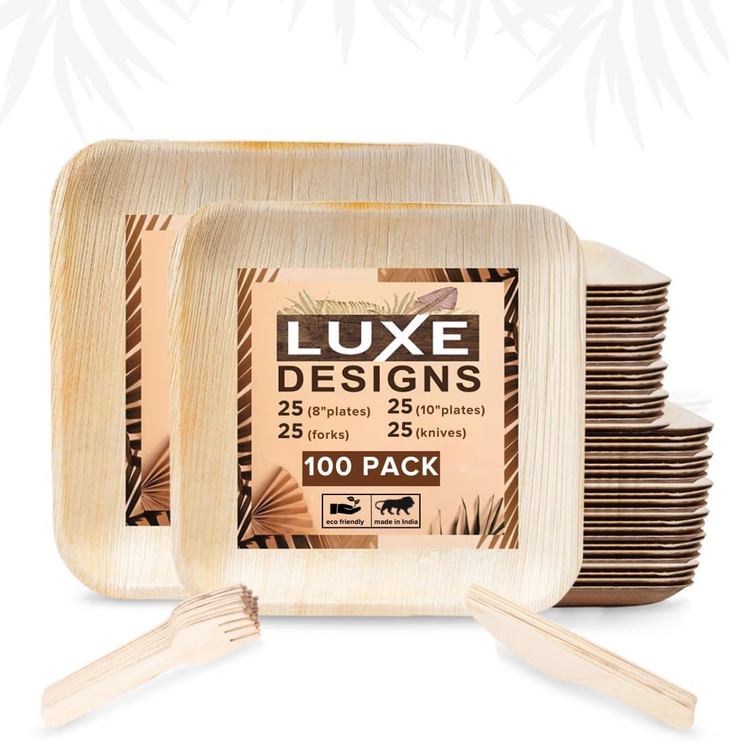 Luxe Designs Palm Leaf Plates - Eco-Friendly Alternative to Bamboo & Plastic - Heavy-Duty Compostable & Biodegradable Party Plates - Microwave & Oven Safe Dinnerware - 50 10"x25 & 8"x25 with Utensils