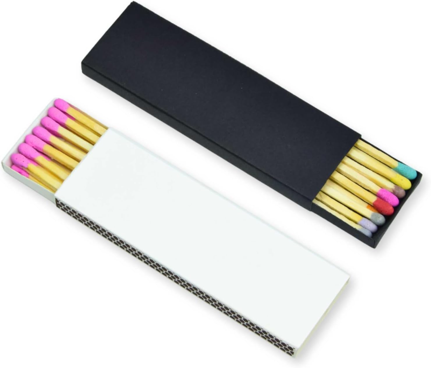 Chandler Studio 10 Boxes - Wooden Matchsticks in a Blank Matchbox with White/Black Matchboxes Colorful Tips (4" Matchboxes, 10 Boxes)