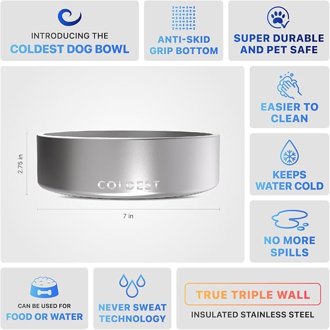 Coldest Dog Bowl - Anti Rust Metal, Non Slip, 3 Layers Insulated Stainless Steel Dog Bowls - Spill Proof & Heavy Duty - Water Bowl for Dogs, Cats, Dish Washer Safe (42 oz, Polished Stainless Steel)-PawvioPets