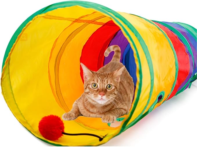 32Pcs Cat Toys Kitten Interactive Pet Toys Assortments, Foldable Rainbow Tunnel, Cat Feather Teaser Wand Interactive Feather Toy Fluffy Mouse Crinkle Balls Bell Play for Cat Puppy Kitty Kitten(2 way)-PawvioPets