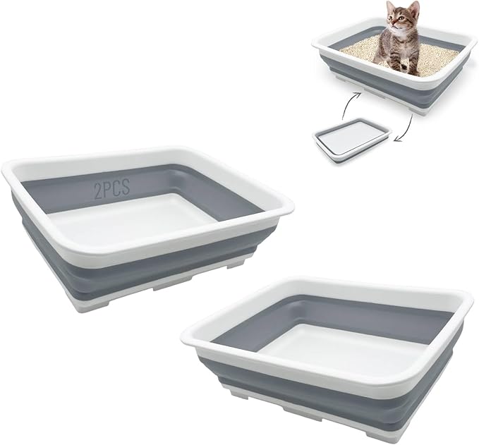 Fhiny 2PCS Open Cat Litter Box, Kitten Potty Pan Semi-Enclosed Foldable Waterproof Travel Toilet Low Entrance for Indoor Cats Small Pet Kitty Rabbit Supplies Easy to Clean and Assemble-PawvioPets