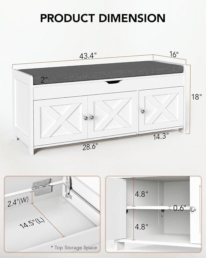Amada Shoe Storage Bench, Entryway Bench with Cushioned Seat & Lift Top Storage, 3 Doors, Adjustable Shelf, 300 lbs Capacity, Bench with Shoe Rack for Entryway, Bedroom, Living Room, White-PawvioPets
