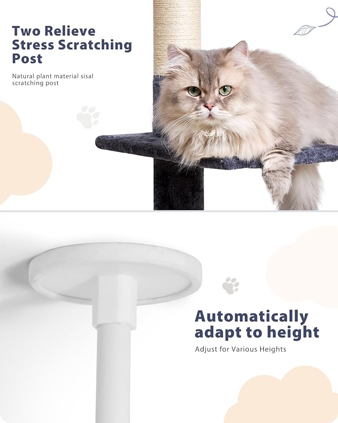 Floor to Ceiling Cat Tree, 5-Tier Height (95-109 inches) - Adjustable Cat Climbing Tower with Sisal Scratching Posts, Cat Condo, Hammock, Platforms, and Hanging Balls-PawvioPets