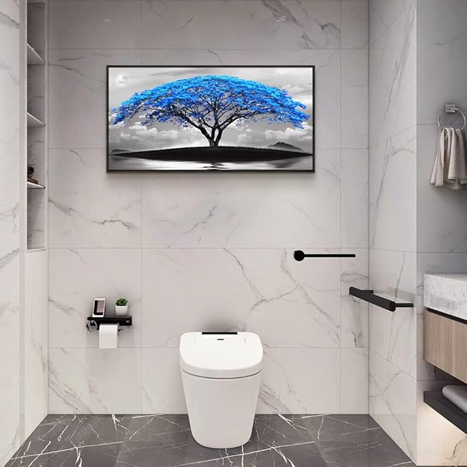 Framed Canvas Wall Art For Office Large Size Living Room Wall Decor Bedroom Decor Wall Pictures Artwork Black And White Landscape Blue Tree Moon Wall Painting Home Decorations Black Frame 24" X 48"-PawvioPets