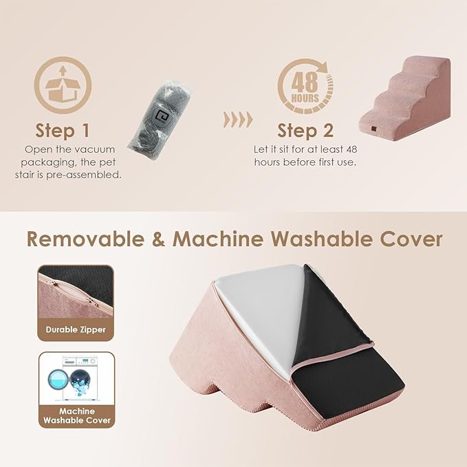 EHEYCIGA Curved Dog Stairs Ramp for High Beds 19.7" H, 4-Step Dog Steps for Small Dogs and Cats, Pet Stairs for High Bed Climbing, Non-Slip Balanced Pet Step Indoor, Dusty Pink-PawvioPets